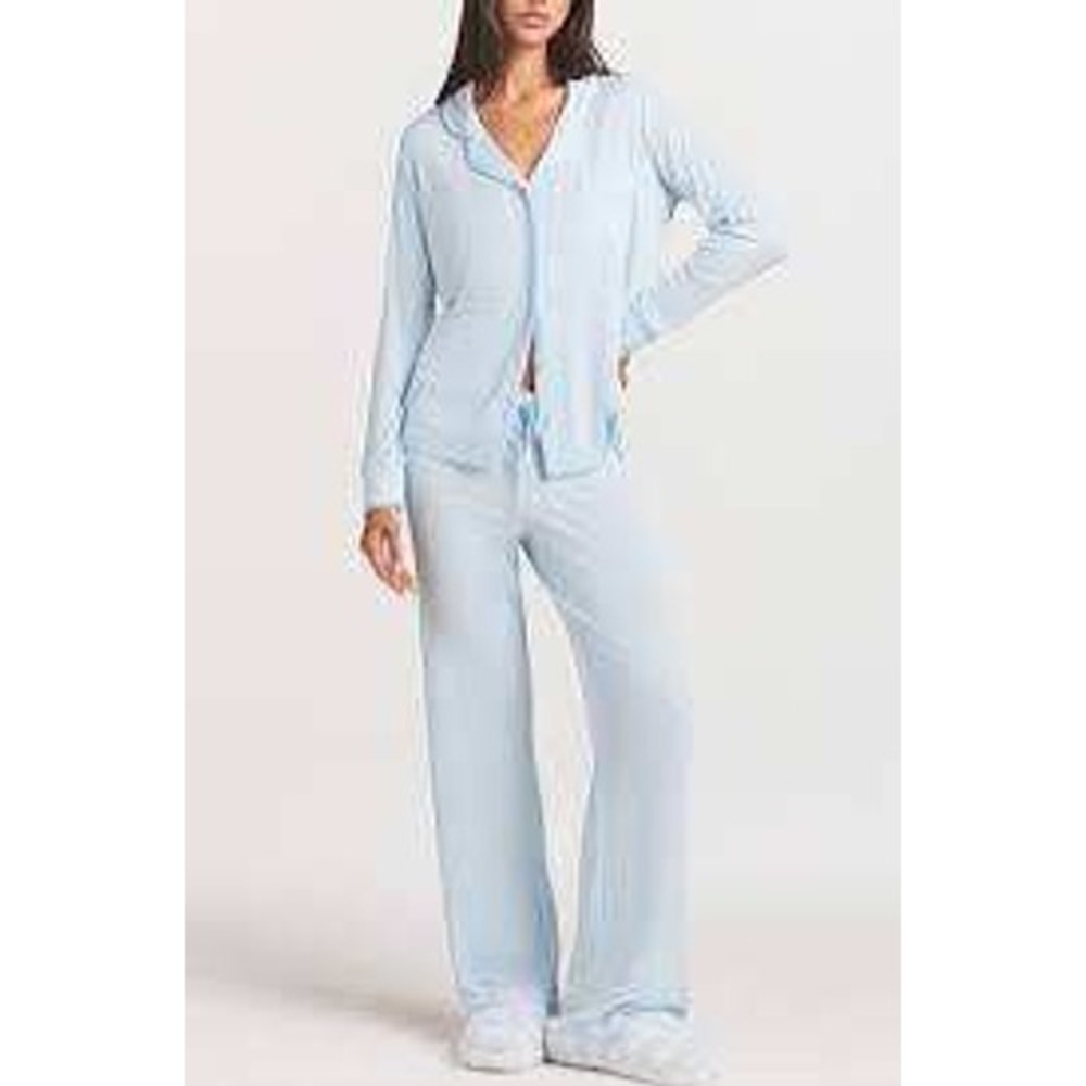SKIMS Soft Lounge Sleep Set Women 2X Blue Ribbed Long Sleeve Button Front